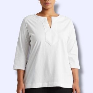 LAUREN RALPH LAUREN 100% Cotton White Split Crew Neck Blouse 3/4 Sleeves Sz 3X